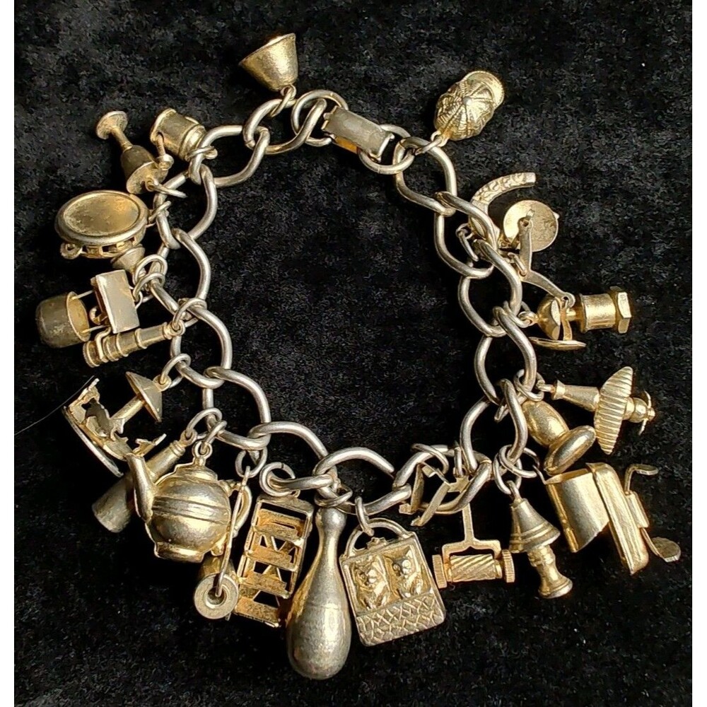 Vintage Gold Tone Charm Bracelet Loaded Signed Marino Horseshoe Cat Basket Crib